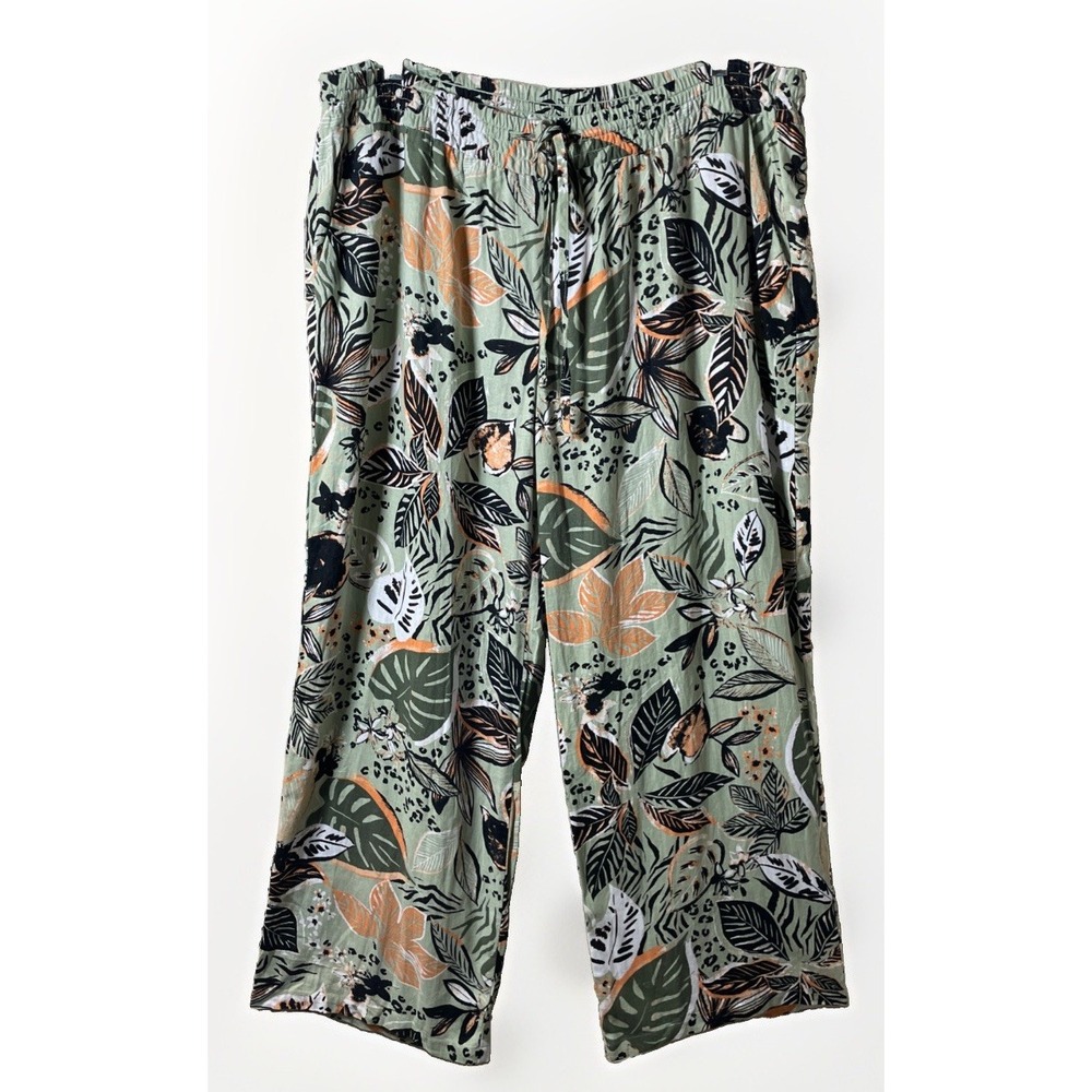 Blue Sol Womens Tropical Leaf Linen Wide Leg Lounge Pants Sage Green Size 2XL